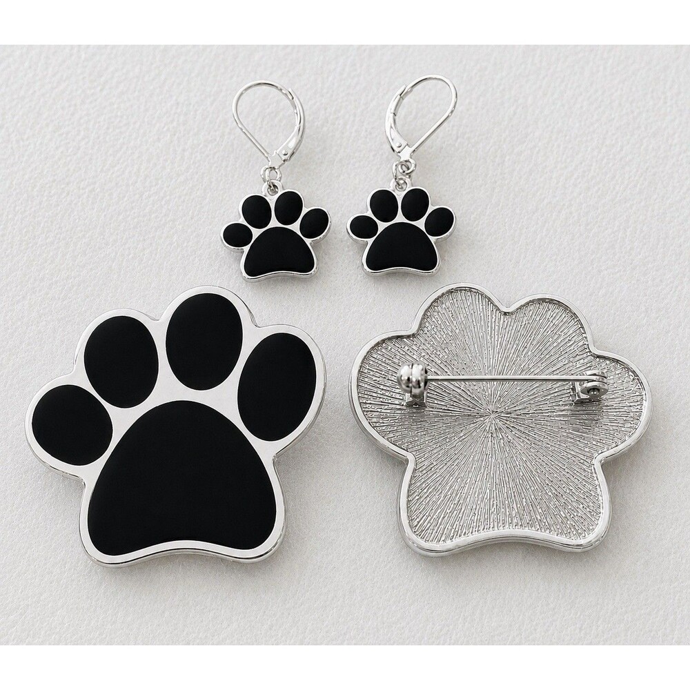 Black Paw Print Earrings + Pin Brooch + Necklace Cord Silver tone Dog Cat Lovers